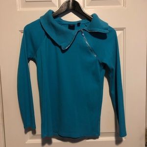 Blue cowl neck sweater with zipper detail